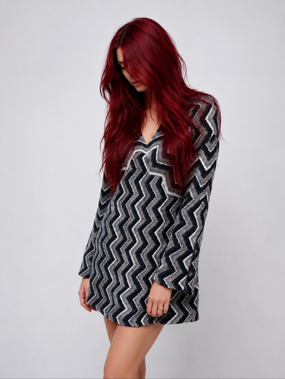 Free People XS Chevron Zigzag Knit Sweater Dress Long Sleeve Zip Cuff Mini Dress - Picture 3 of 13